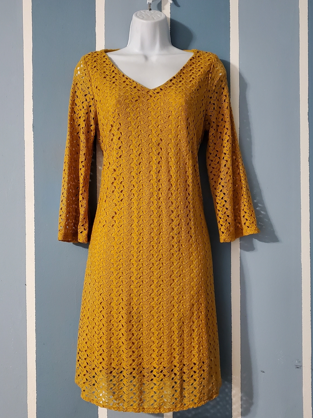 V-Neck Crochet Midi Dress in Mustard Yellow